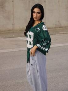 AfricaSnchz 女士春夏节日外出街头服饰复古透气网眼数字图案棒球服红色球衣 - 綠色 - 查看 6