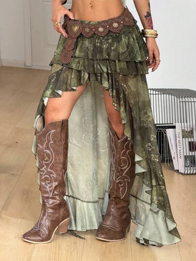 Coolane 女士夏季音乐节嬉皮波西米亚西部风Y2K仙女风网纱白色不规则下摆褶裥半身裙