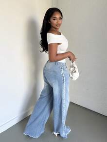 Alexandranx 女士时尚蓝色直筒牛仔裤，带珍珠和口袋 - 藍色 - 查看 1