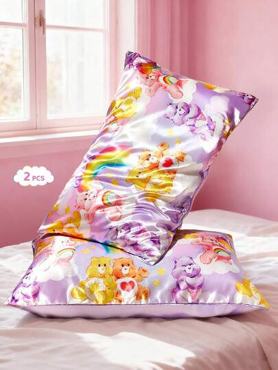 SHEIN X Care Bears 2 件可爱卡通图案枕套，紫色/粉色，缎纹面料，舒适凉爽，彩虹、云朵、泰迪熊印花