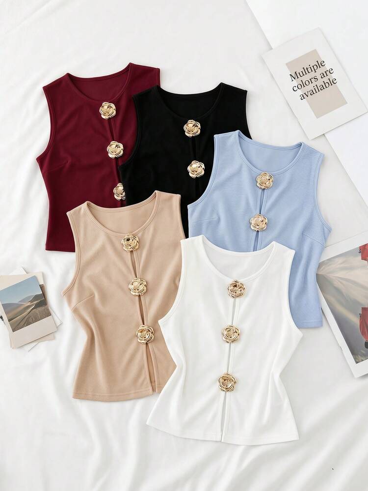 SHEIN Maija Plus Size Women Sleeveless Top, Rose Metal Button Decor Design St Patrick's Day Easter Summer Party Beach Holiday Vacation Graduation
