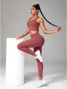 SHEIN Sports Women's Fashionable Versatile Minimalist Tank Top And Casual Tight Leggings Sports Suit - Hot Pink - View 9
