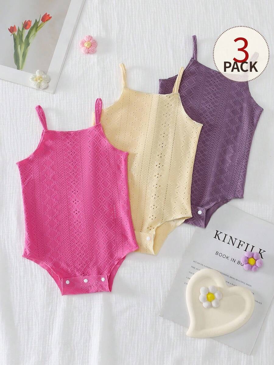 SHEIN 3pcs/Set Newborn Baby Girls' Comfortable Versatile Solid Color Knit Camisole Romper Set, Spring/Summer - Multicolor - View 1