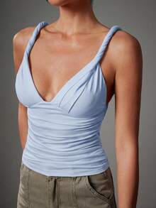 Hauture Women's Sexy Casual Twisted Shoulder With Low Back Design Going Out Basic Top - Baby Blue - View 3