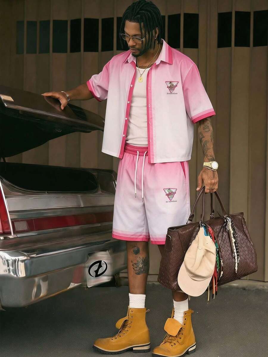 AXEPEAK Conjunto de camisa polo con botones y pantalones cortos en degradado para hombre, casual de verano - Rosa - Ver 1
