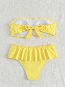 Swim Mod 女士纯色黄色抹胸比基尼套装，低腰荷叶边短裙，休闲沙滩度假泳装 - 黃色 - 查看 4