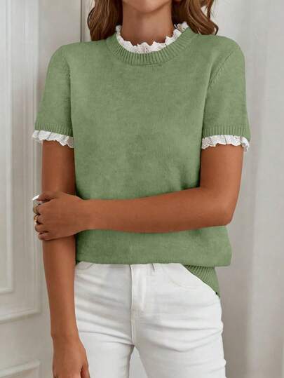 Louniche Elegant Apricot Crew Neck Lace Trim Knit Short Sleeve Sweater, Suitable For Commuting, Home, And Daily Wear, Spring/Summer