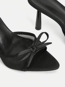 Glitzique Women's Stiletto High Heel Shoes, Black Bow Mesh Decor Pyramid Toe Mule Sandals, Glamorous Party High Heel Slippers - Black - View 6
