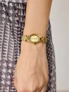 MOTF PREMIUM JAM TANGAN WANITA DENGAN MANIK-MANIK EMAS, KUKU, DAN STRIP BAJA OVAL, QUARTZ - Emas - View 6
