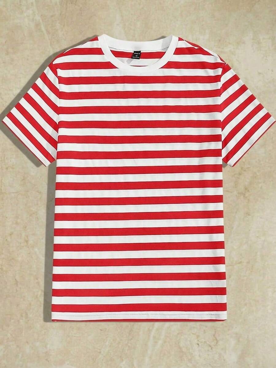 Men Striped Print Tee - Red and White - View 1