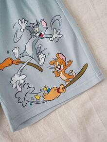 TOM & JERRY X SHEIN 卡通印花圆领短袖上衣和休闲短裤睡衣套装，适合小男孩 - 白色 - 查看 7