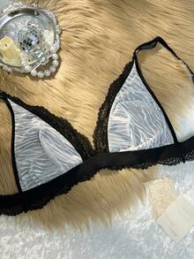 Bare Chapter 1pc Animal Print Zebra Striped Lace Trim Mesh Plus Size Women Bra - Black and White - View 4