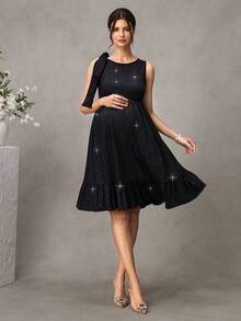 SHEIN Black Summer Elegant Formal Evening Maternity Photoshoot Pregnant Women,Sleeveless Shiny Glitter Dress,Bowknot Strap Layered Ruffle Skirt - Black - View 5