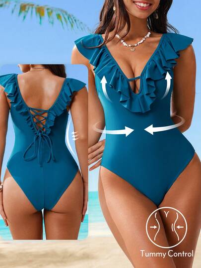 Shapewave 2026 Spring/Summer New Solid Blue-Green Deep V-Neck Ruffled Decor One-Piece Swimsuit For Women, Removable Straps, Fashionable Slimming Cute Elegant Sexy Casual Rock Y2K Style For Beach, Party, Beach Volleyball, Music Festival, Beach Date, Nightclub