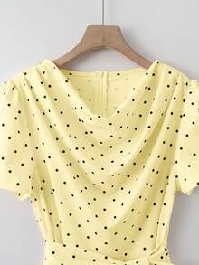 SHEIN LUNE 女士优雅法式波点荷叶边领腰系蝴蝶结简约浪漫日常休闲短袖连衣裙，春夏款 - 淡黃色 - 查看 3