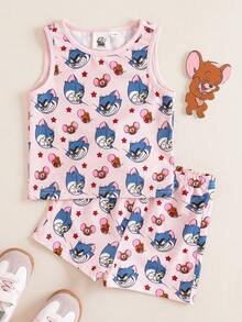 TOM & JERRY X SHEIN 女婴卡通印花圆领T恤和休闲短裤套装，百搭 - 粉色 - 查看 1