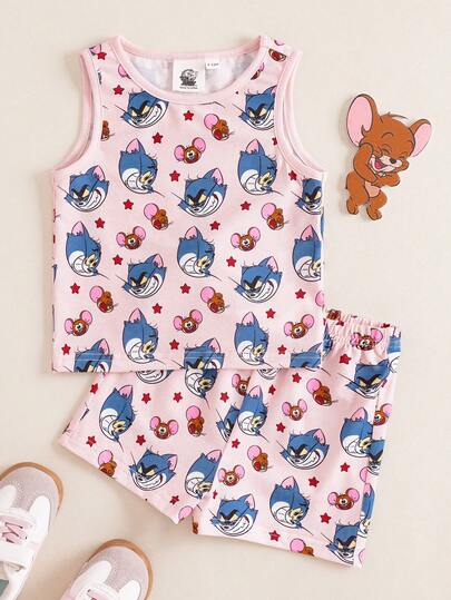 TOM & JERRY X SHEIN Bộ áo thun cổ tròn in hình hoạt hình và quần short kiểu dáng thoải mái cho bé gái, đa năng.