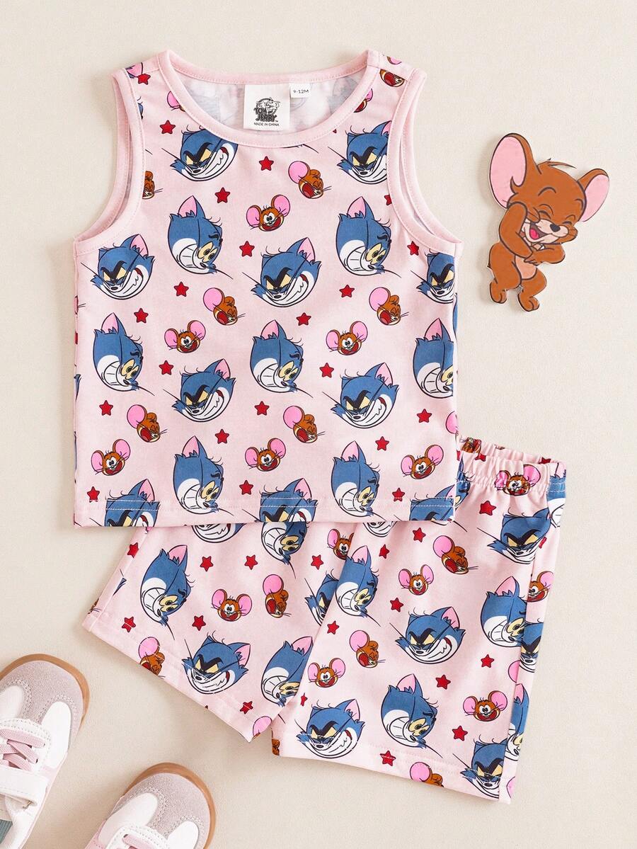 TOM & JERRY X SHEIN 女婴卡通印花圆领T恤和休闲短裤套装，百搭 - 粉色 - 查看 1