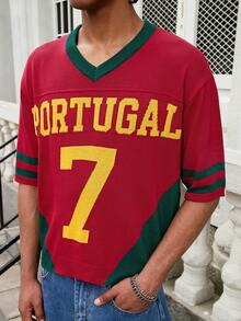GALLERY FADE Men's Contrast Color Patchwork Letter Pattern Knit Top, Football - Red - View 4