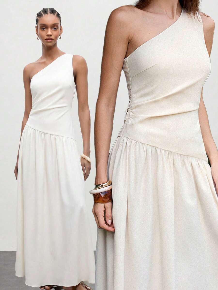 Maija White Fitted Long Maxi Dress For Women With Asymmetrical Neck Sleeveless Design And Ruched Detailing Mother's Day São João Women's Clothing Reception Dress For Women One Shoulder Dresses For Women White Dresses For Ladies Special Occasion One Sided Dress Country Concert Outfit Going Out Outfits Summer Outfits - White - View 1