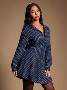 Radiana Plus Size Fashionable Commuter Striped Front Button Dress, Navy Blue - Navy Blue - View 4
