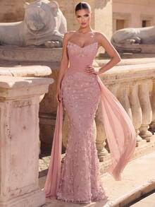 Glamrae Elegant Off-Shoulder Sequins Embroidered Heart-Shaped Collar Mesh Patchwork Ruffle Mermaid Hem Dress, Wedding Gala Concert Business Gown - Dusty Pink - View 4