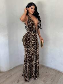 SHEIN SXY Vestido halter de cuello bajo con estampado de leopardo sexy - Multicolor - Ver 5