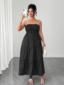 DreamSkyne Plus Size Women's Polka Dot Strapless Dress, French Retro Minimalist Sexy Elegant Casual Vacation Romantic Dress - Black - View 3