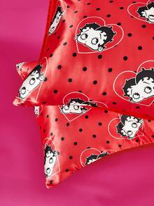 Betty Boop x SHEIN 2pcs Red Cartoon Character Decorative Satin Pillowcase Set, A Set Of 2, Thickened Material, Comfortable And Soft, Pattern Printing, Multi-Size Can Be Selected, Suitable For Various Pillows, Machine Washable - red and black - View 5