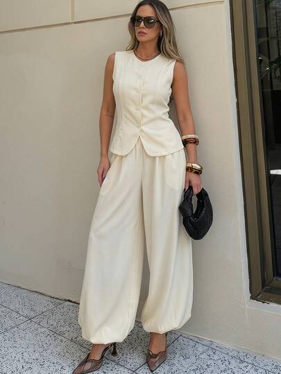Firerie Traje de mujer con blazer/chaleco elegante y versátil para primavera/verano, uso casual y de oficina, con pantalón harem de cintura elástica y bolsillos, color albaricoque