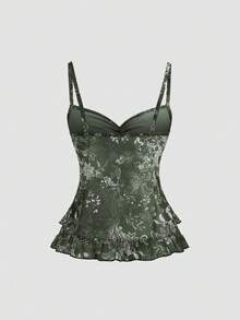 Sweetra Women's Bohemian Vintage Printed Mesh Ruffle Strap Camisole - Army Green - View 3
