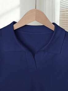 Franclia Women's Spring/Summer White Simple Daily Turndown Collar Raglan Short Sleeve Casual Solid Color Fitted Knit Top, Plus Size - Navy Blue - View 3