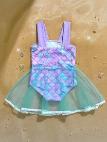 Abbigliamento da spiaggia per bambine, costume da bagno per ragazze, vacanza, casual, stile carino, costume da bagno viola, stampa a scaglie di pesce colorata, tessuto a maglia, costume da bagno con abito in rete, fiocco decorativo sul petto, costume da bagno monopezzocon inserti in rete, alla moda, casual, raffinato, elegante, femminile, adatto per nuotare, vacanza estiva, spiaggia estiva, mare, piscina, festa estiva, vacanza rilassante - Viola - Visualizzare 3
