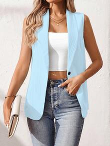 SHEIN Holidaya Women's Solid Color Minimalist Sleeveless Blazer, Casual Everyday Wear - Baby Blue - View 5