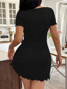 SHEIN Váy ngủ in chữ tình yêu tay ngắn thoải mái cho nữ, mùa hè - màu đen - Xem 2