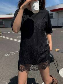 DAZY 女士蕾丝拼接无袖二合一短袖连衣裙 - 黑色 - 查看 2