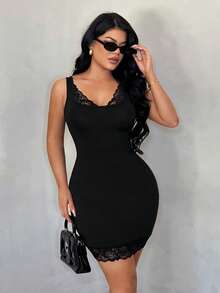 SHEIN SXY Đầm ren ghép mảnh không tay thanh lịch - màu đen - Xem 4