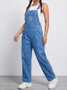 SHEIN ICON Women's Casual Washed Star Rhinestone Denim Bib Pants - Dark Wash - View 3