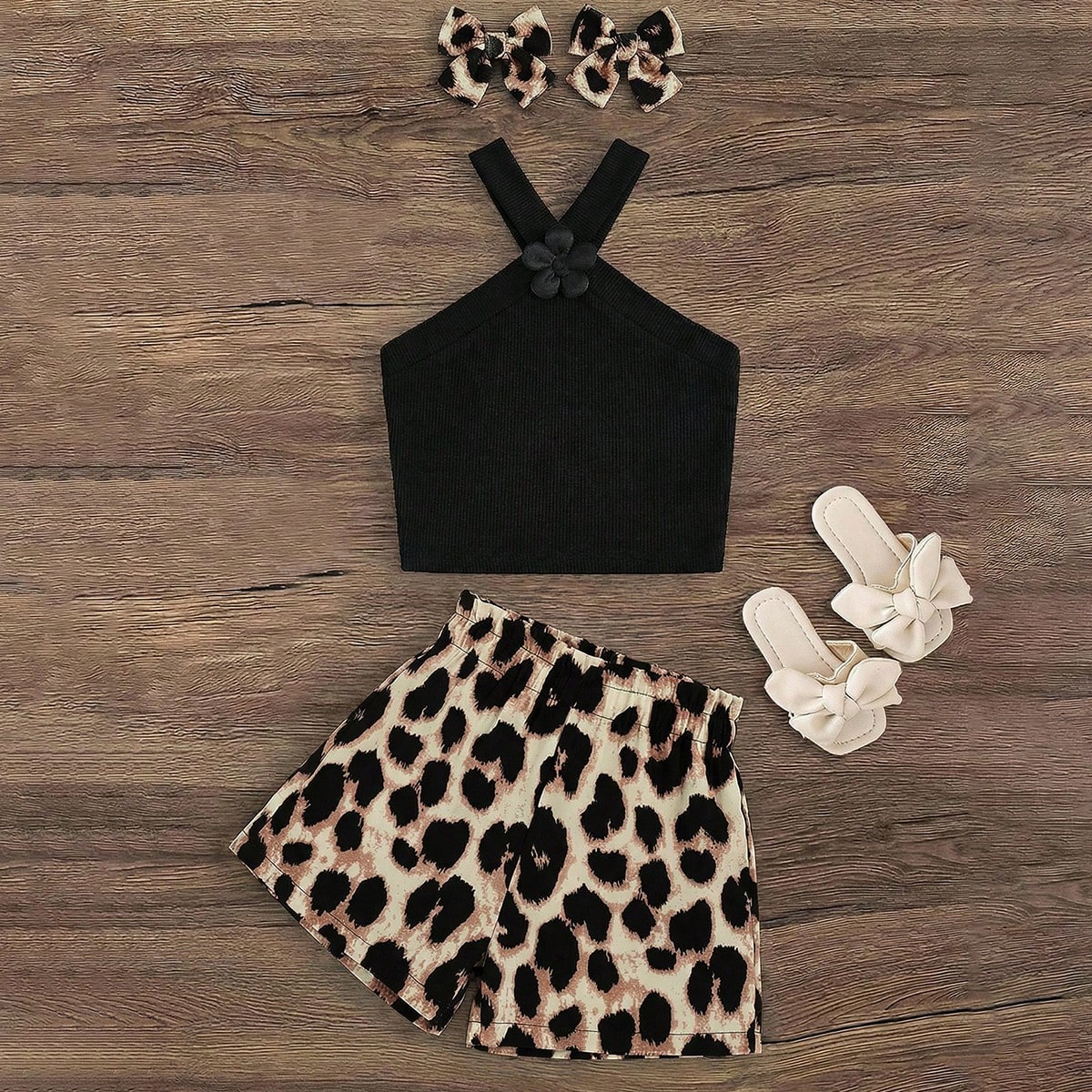 Piezas Conjunto de top sin mangas y shorts de unicolor tejido para niña joven