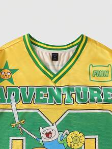 ROMWE MEN Adventure Time X ROMWE Áo thun thể thao tay ngắn nam họa tiết da báo phối lưới, áo thun thể thao - Màu vàng - Xem 3
