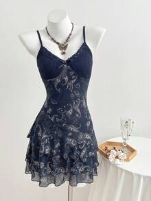Elamini Women's Dress, Paisley Cashew Flower Print, Brown Vacation, Patchwork Contrast Color Mesh Print - Navy Blue - View 5
