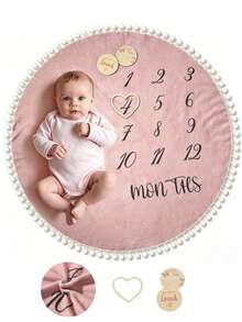 Newborn Baby Number Print Contrast Pompom Trim Round Neck Photography Outfit - Pink - View 1