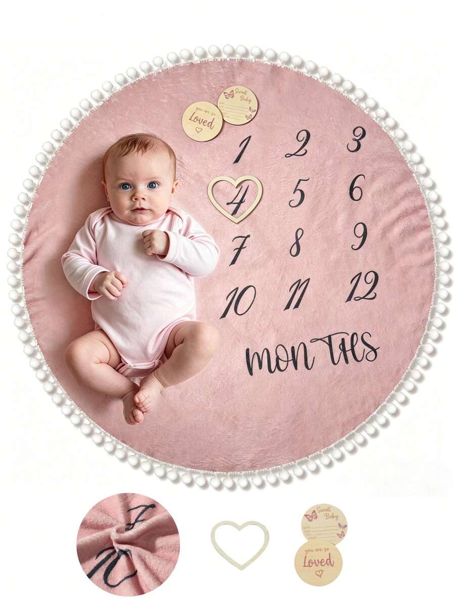 Newborn Baby Number Print Contrast Pompom Trim Round Neck Photography Outfit - Pink - View 1