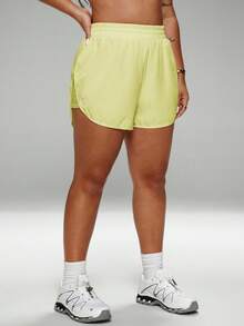 SHEIN Sports 大码女式休闲百搭网眼拼接运动短裤 - 黃色 - 查看 4