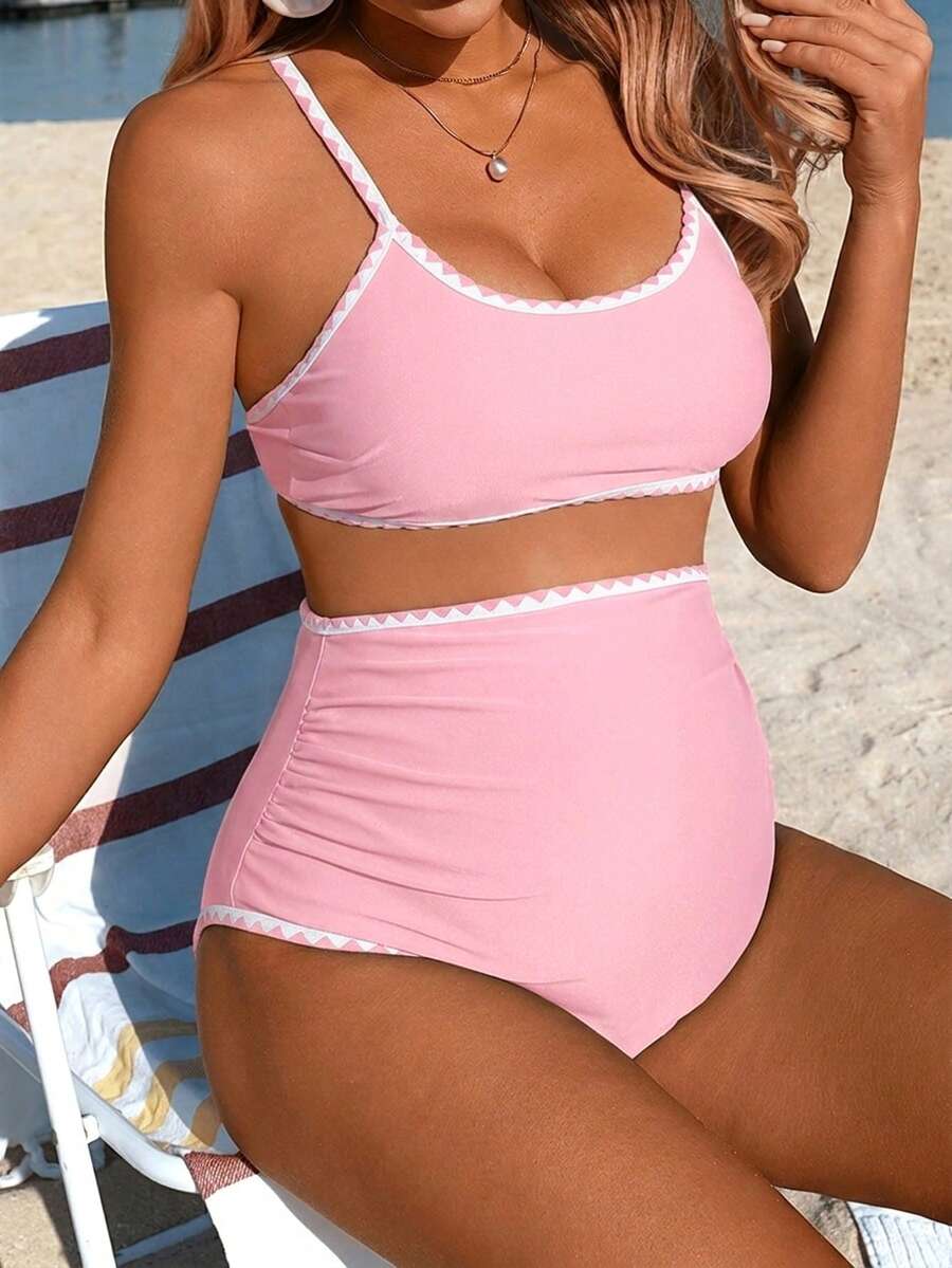 Swim Vcay Bộ bikini bầu màu đen răng cưa phối màu tương phản, thích hợp cho kỳ nghỉ hè ở bãi biển 26SS. - Hồng - Xem 1