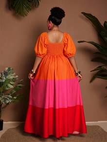 Maweii Spring/Summer V-Neck Puff Sleeve Waist Cinched Colorful Striped Print Flowy Casual Vacation Romantic Commute Daily Wear Fashion Design New Essential Plus Size Women Long Dress, Multi-Color - Multicolor - View 4