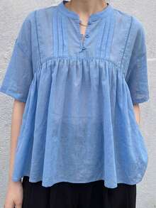 FRIFUL 中老年女性棉麻宽松舒适衬衫 - 藍色 - 查看 2