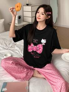 HELLO KITTY | DAZY 女士甜美蝴蝶结印花T恤和豹纹睡裤套装，夏季 - 黑色 - 查看 5