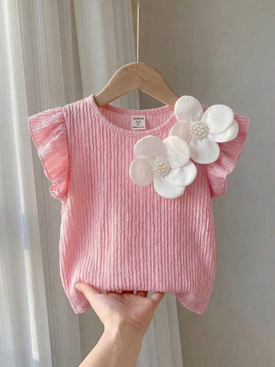 SHEIN 少女花卉装饰休闲百搭日常穿着T恤 - 粉色 - 查看 1