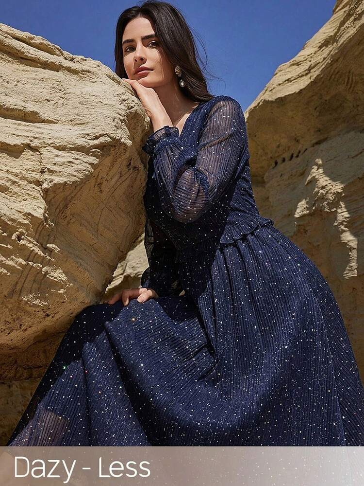 Navy Blue Lace Patchwork Rhinestone Design Long Dress, Lightweight Commuter Elegant Dress For Spring & Summer